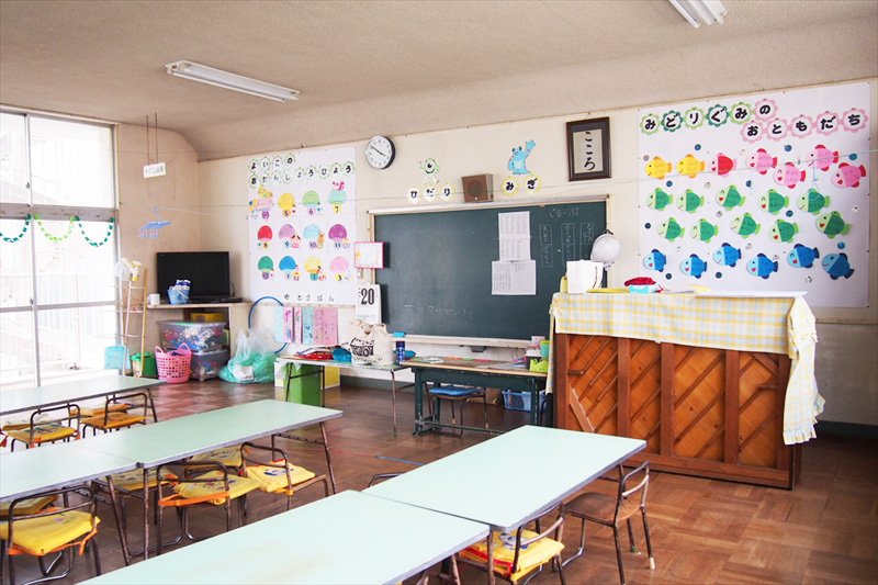 壁や窓へカラフルに彩られた園児が過ごす教室