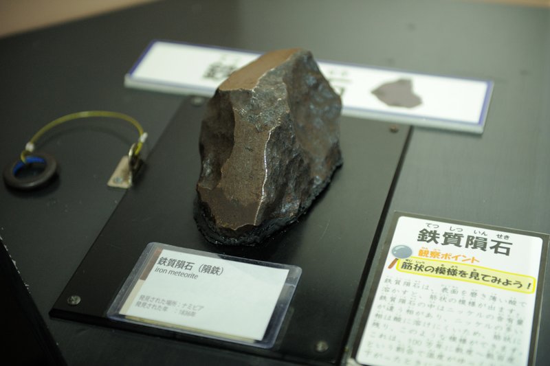隕石の展示。観察ポイントが添えてある