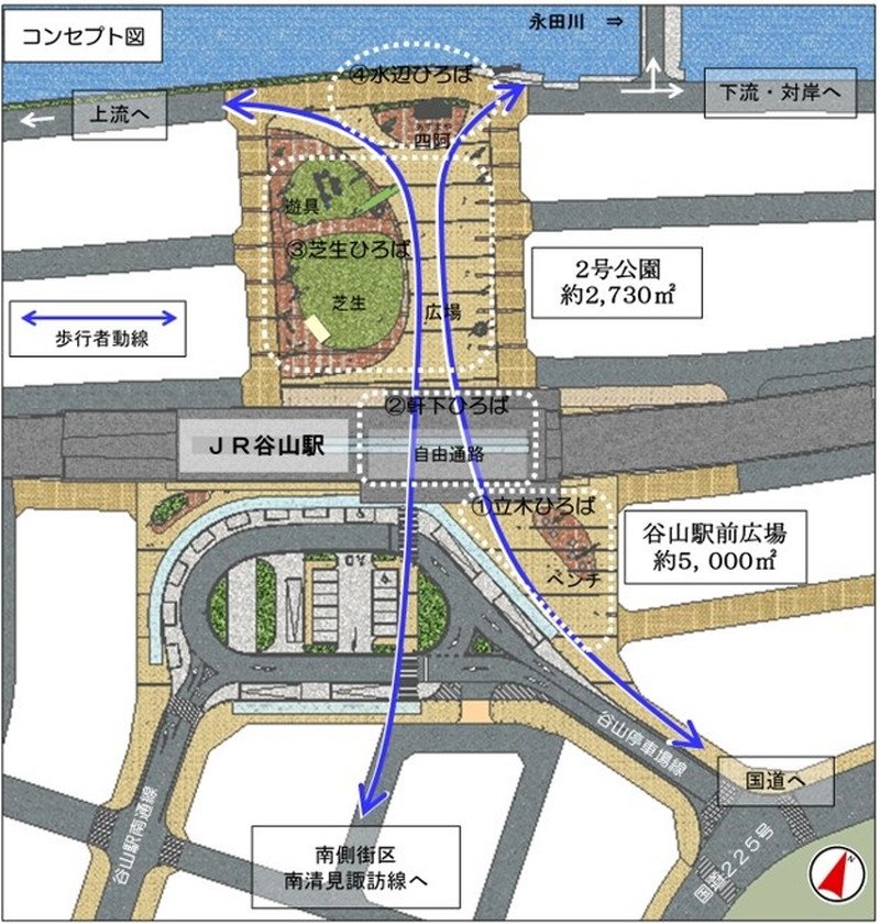 谷川駅周辺地区土地区画整理事業の谷山駅前広場と2号公園のコンセプト図