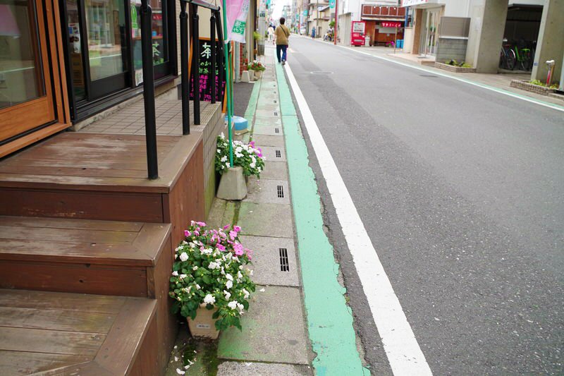 商店街の通りには写真のように車道と歩道が近い個所もあり、安全面の改善も課題の一つ