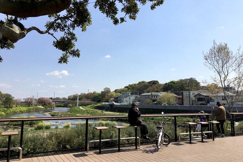 中洲の芝生広場はテラスでものんびりできる♪