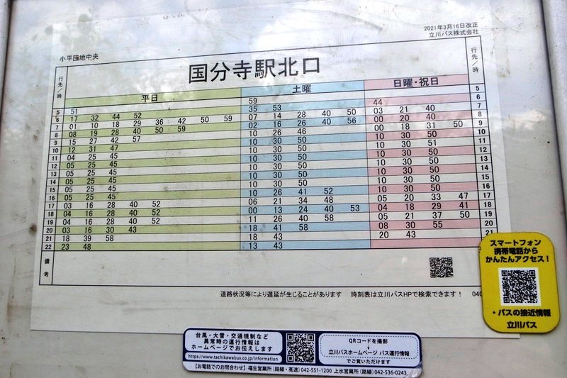 「小平団地中央」停留所の「国分寺」駅行き時刻表
