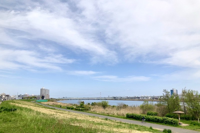 堤防から見た「荒川・砂町水辺公園」