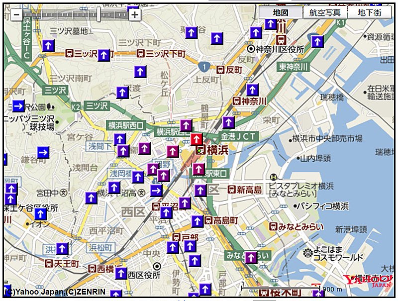 地図：2018（平成30）年横浜駅周辺の路線価（矢印が赤い方が価格が高い）