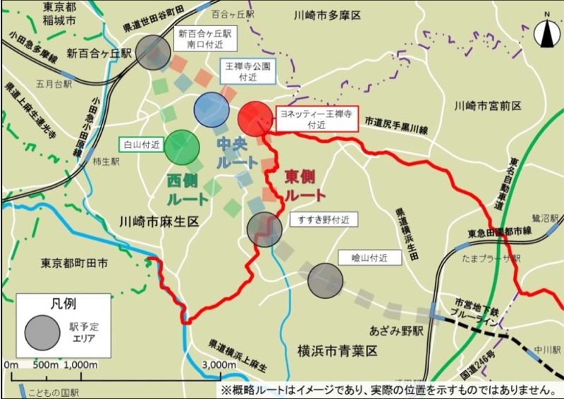 横浜市営地下鉄ブルーラインの延伸計画図。東側ルートに決定（参照：横浜市 記者発表資料）